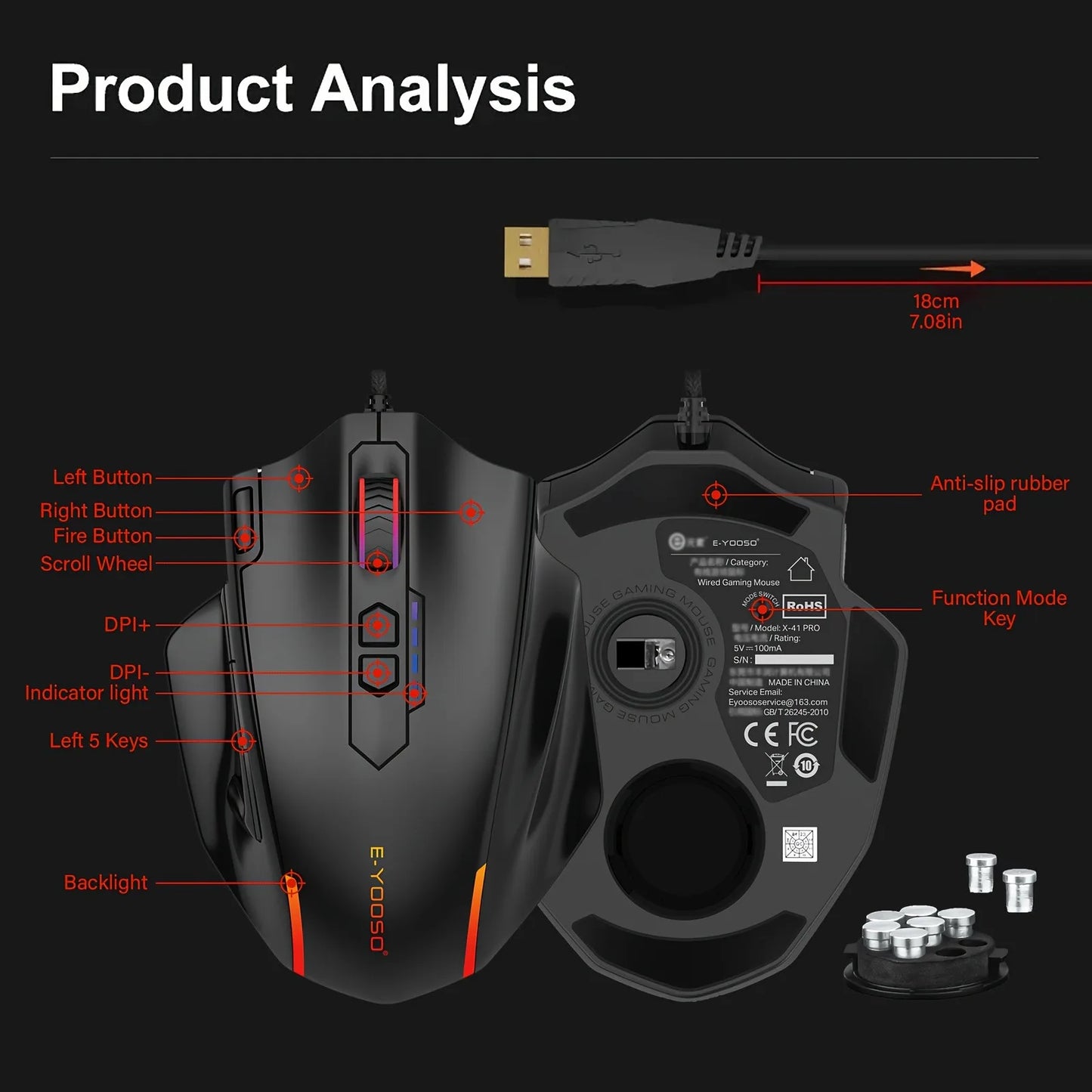 E-YOOSO X-41PRO kabelgebundene Maus, große Gaming-Maus mit RGB-Hintergrundbeleuchtung, 11 programmierbaren Seitentasten, Unterstützung für Computer, PC, Laptop und Mac
