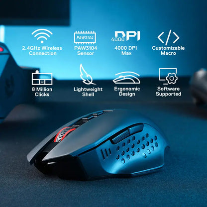 Redragon M656 Gainer Wireless Gaming Mouse, 4000 DPI 2.4GHz Wireless Gaming Mouse with 7 Programmable Buttons, 5 DPI Levels & Red LED Backlight