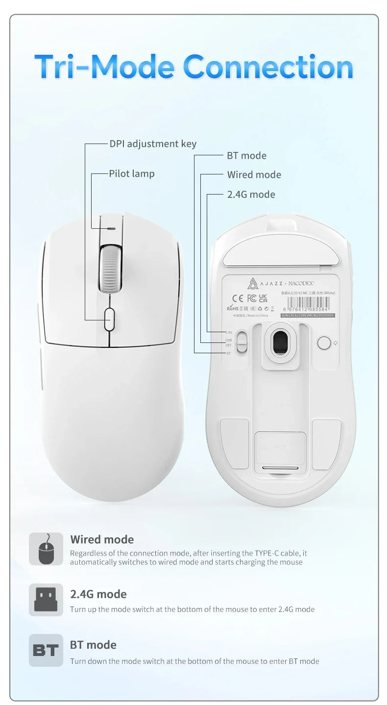 AJAZZ AJ139 V2 MC/AJ139 PRO belaidė žaidimų pelė su PAW3311/PAW3395 jutikliu, 12000DPI/26000DPI, 500mAh „Bluetooth“ pelė žaidėjams, skirta PC