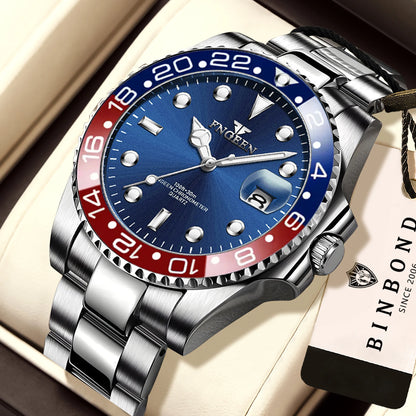 Montre-bracelet à quartz FNGEEN Son Brand de BINBOND avec bracelet en acier inoxydable pour homme, lumineuse et étanche, de luxe.