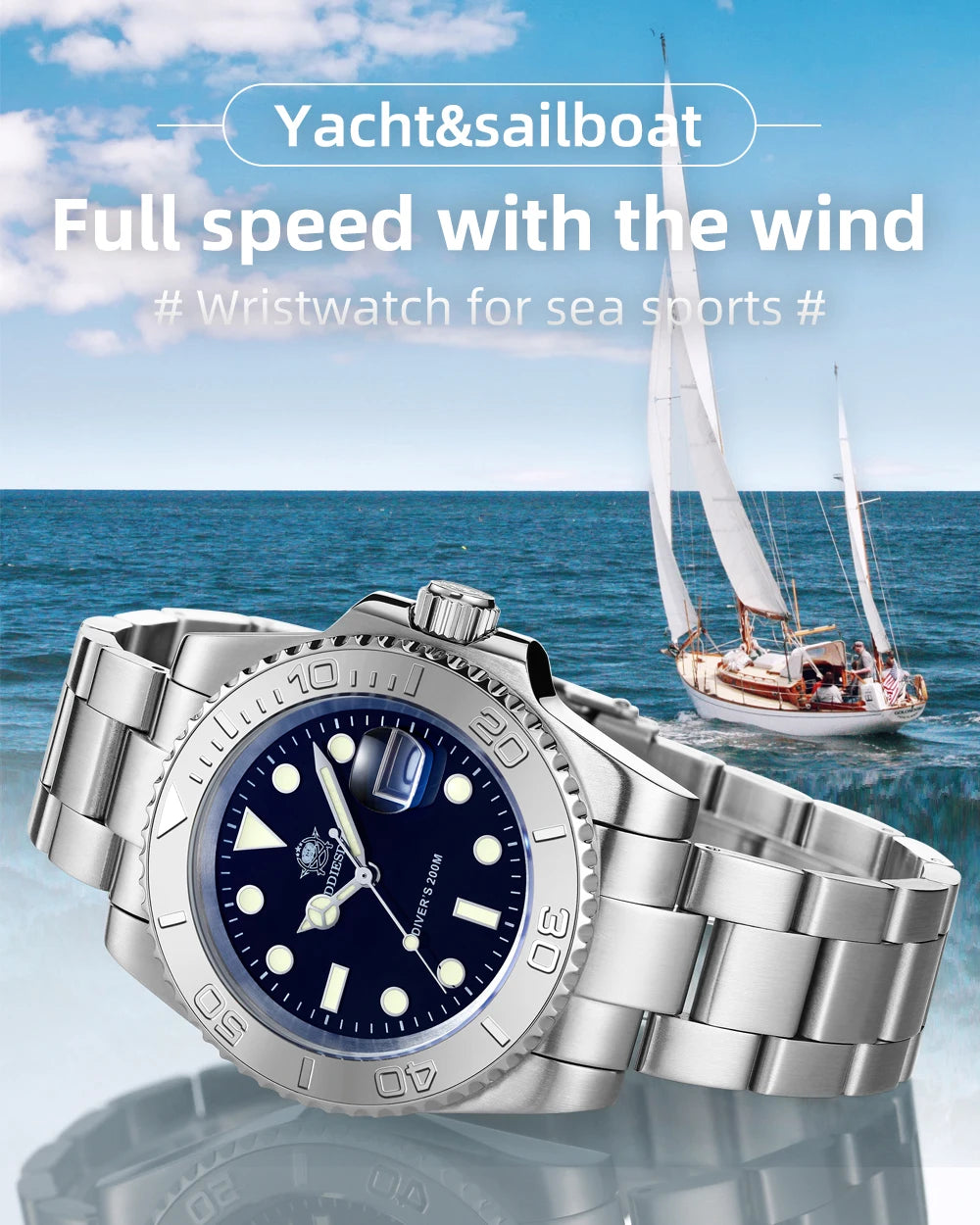 ADDIESDIVE Men's Quartz Watch 200m Waterproof Ceramic Bezel Steel Watch Magnifying Mirror Glass BGW9 Blue Luminous Diving Watch