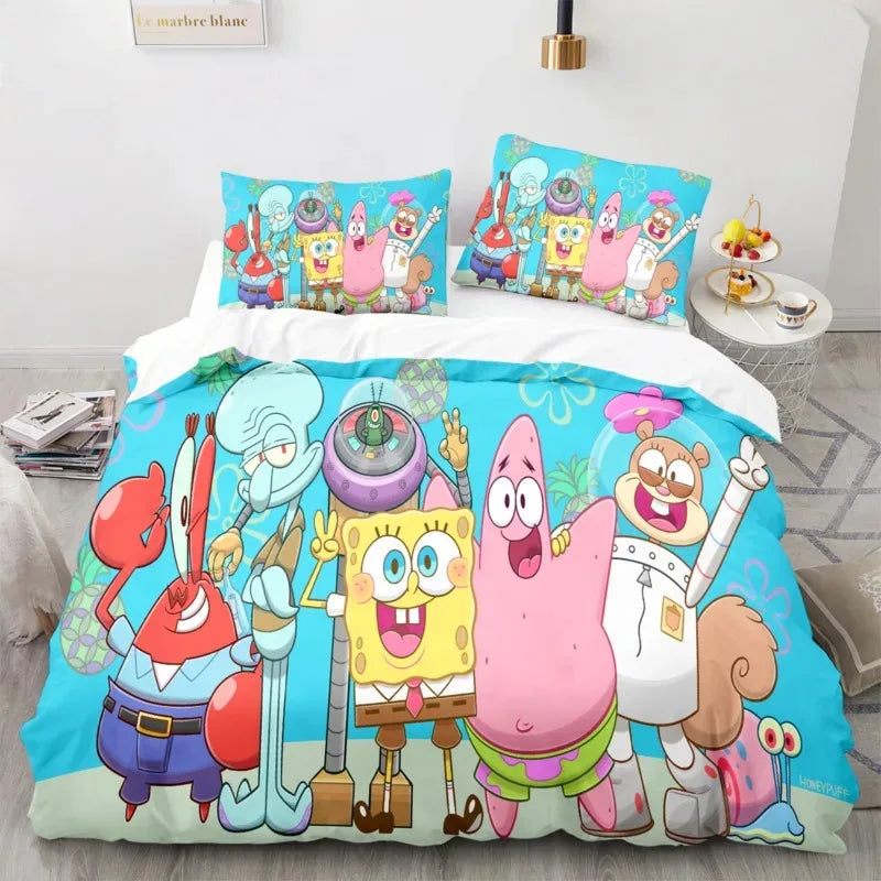 Cartoon Anime SpongeBobed Bedding Set 3D Printed Patricks Squidwards Quilt Duvet Cover Pillowcase Bed Set Full Queen King Size