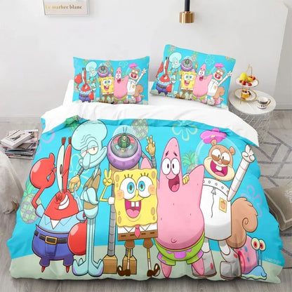 Cartoon Anime SpongeBobed Bedding Set 3D Printed Patricks Squidwards Quilt Duvet Cover Pillowcase Bed Set Full Queen King Size
