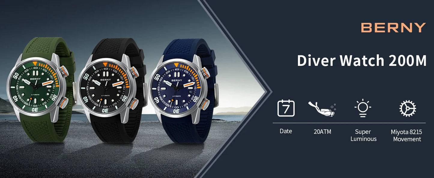 BERNY Automatic Professional Diving Watch for Men Super Luminous Scratch-resistant Sapphire Lens Top Mechanical Diver Watches