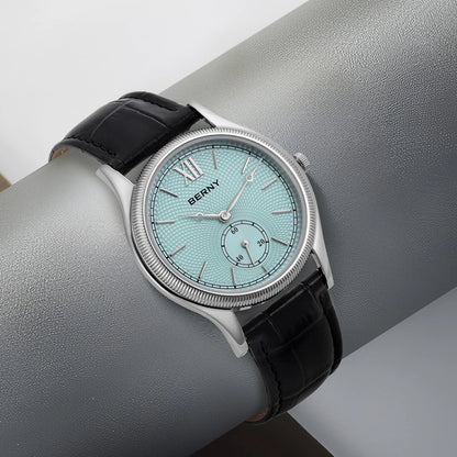 BERNY Men's Watches Slim Luxury Classic Stylish Dress Quartz Watch Fashion Elegance Leather Band Wristwatch