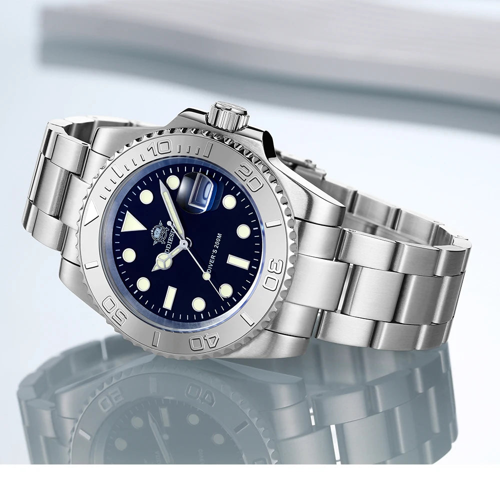 ADDIESDIVE Men's Quartz Watch 200m Waterproof Ceramic Bezel Steel Watch Magnifying Mirror Glass BGW9 Blue Luminous Diving Watch