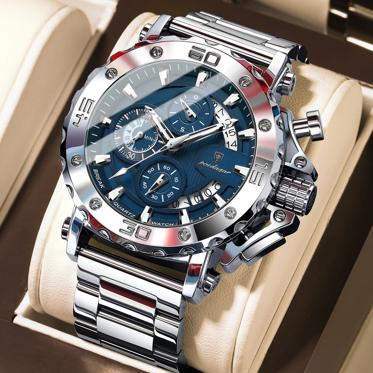 POEDAGAR Herren-Luxusuhr, leuchtend, wasserdicht, Chronograph, Datumsanzeige, Edelstahl, Quarz, Reloj
