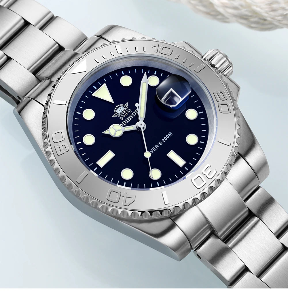 ADDIESDIVE Men's Quartz Watch 200m Waterproof Ceramic Bezel Steel Watch Magnifying Mirror Glass BGW9 Blue Luminous Diving Watch