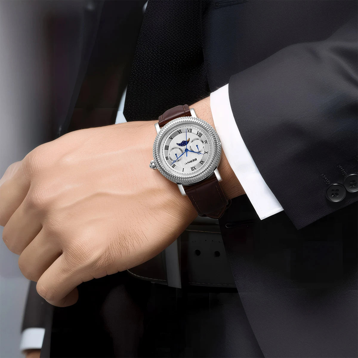 BERNY Watches for Men Luxury Dress Brand Business Gold Quartz Real Moons Man Watch S/S Sapphire Calendar Moon Phase Wristwatch