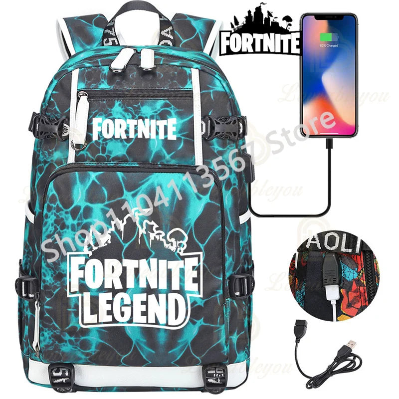Yule Trooper F-Fortnited Battle Royale Backpack with USB Charging Anime Figures Study Stationery Compartment Students Mochila