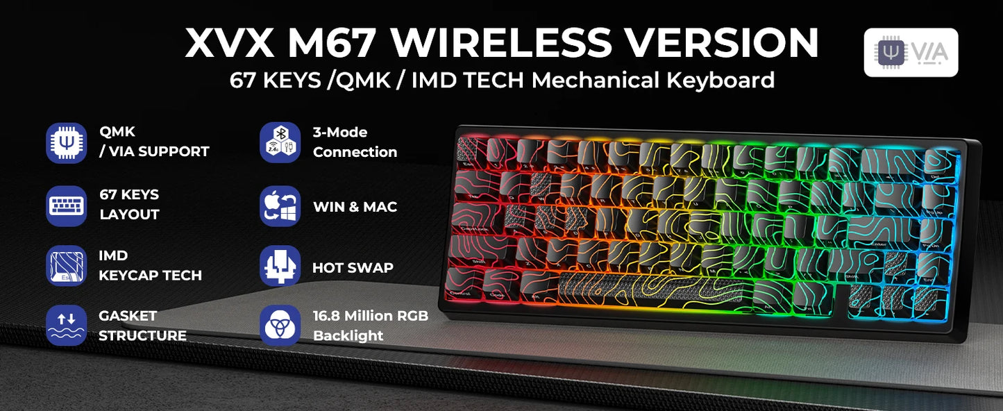 Teclado mecânico XVX M67 JadeStone com teclas IMD-Tech, hot-swappable, gasket, tri-mode, RGB personalizado, sem fios, 65%