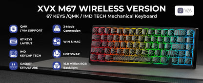 Teclado mecânico XVX M67 JadeStone com teclas IMD-Tech, hot-swappable, gasket, tri-mode, RGB personalizado, sem fios, 65%