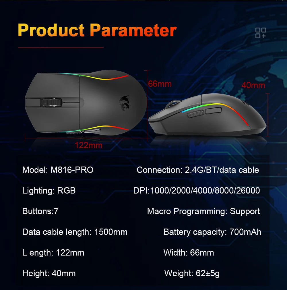 Mouse gaming REDRAGON DEICIDE M816 PRO RGB USB con supporto Bluetooth 2.4G wireless, 26000 DPI, 6 pulsanti per gamer, mouse cablato per computer