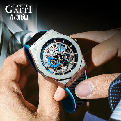 BONEST GATTI BG7601 Men's Automatic Mechanical Watch Sapphire Crystal Waterproof Luminous Rubber Strap Wristwatch