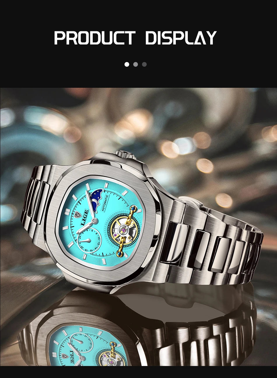 LIGE Watch For Man Luxury Business Waterproof Luminous Mechanical Watches Fashion Moon Phase Automatic Movement Men's Watches
