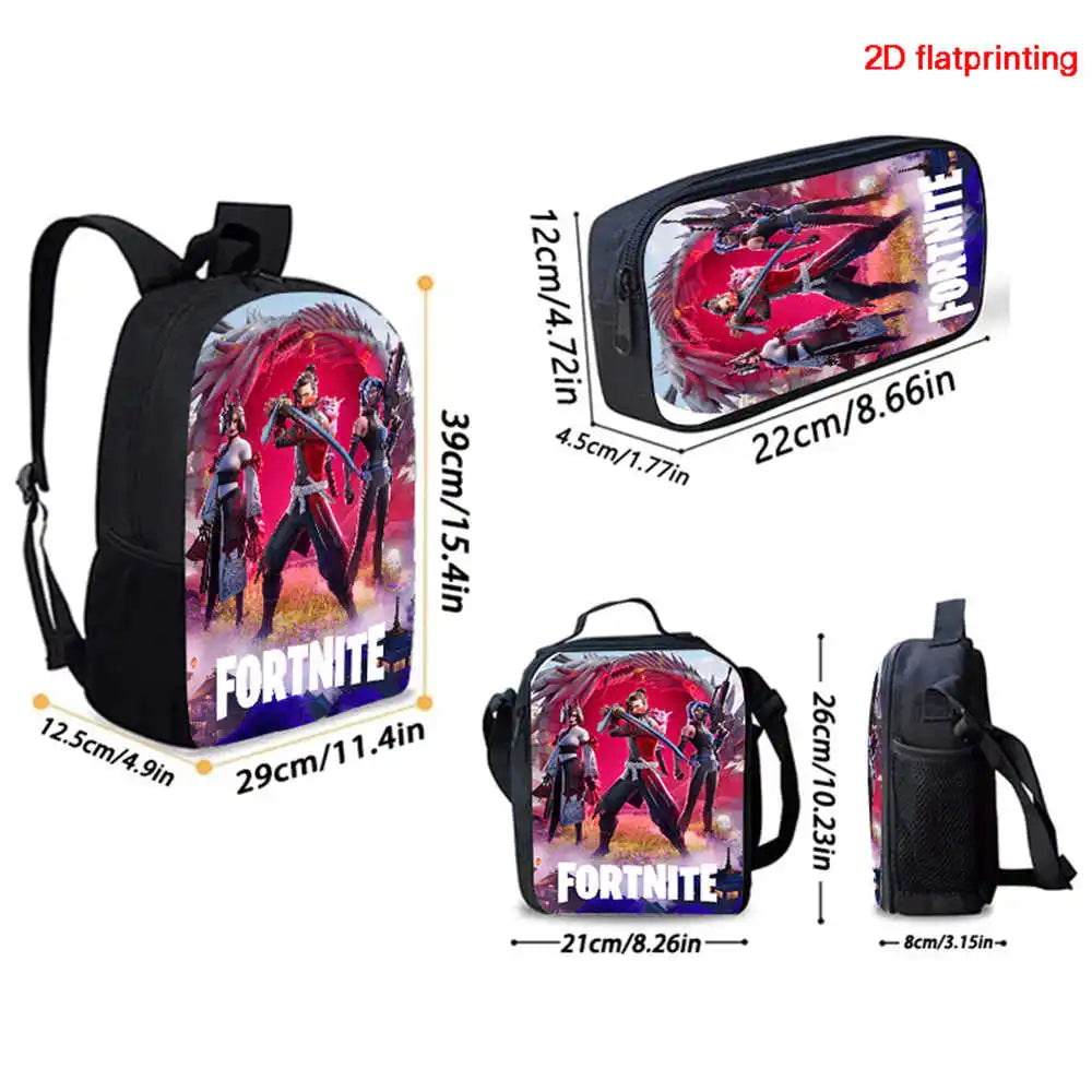 Fortnite Cartoon 3pcs Set, Large Capacity Suitable for Boys and Girls Aged 5-8, Includes Backpack, Dinner Bag, and  Pencil Case