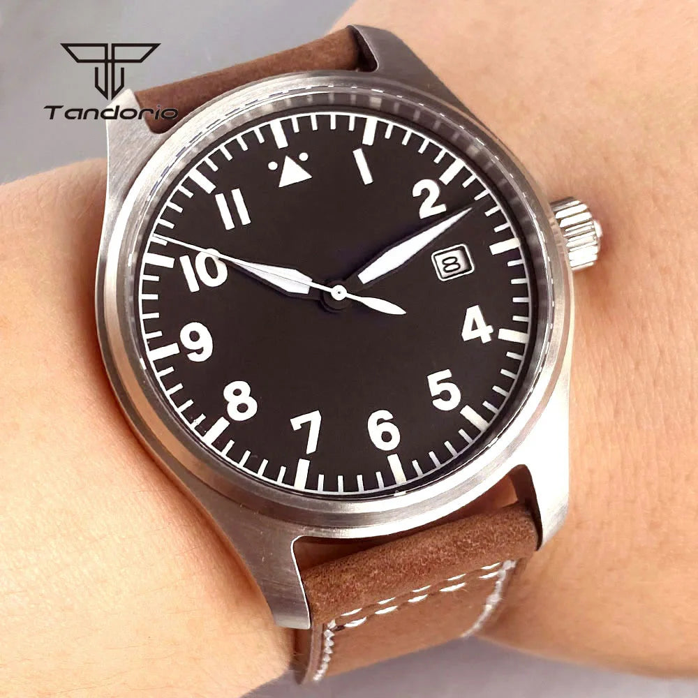Tandorio 39mm Pilot Men's Diving Automatic Watch AR Sapphire Miyota8215/PT5000 Movt Mechanical Steel Wristwatch 20BAR Green Lume