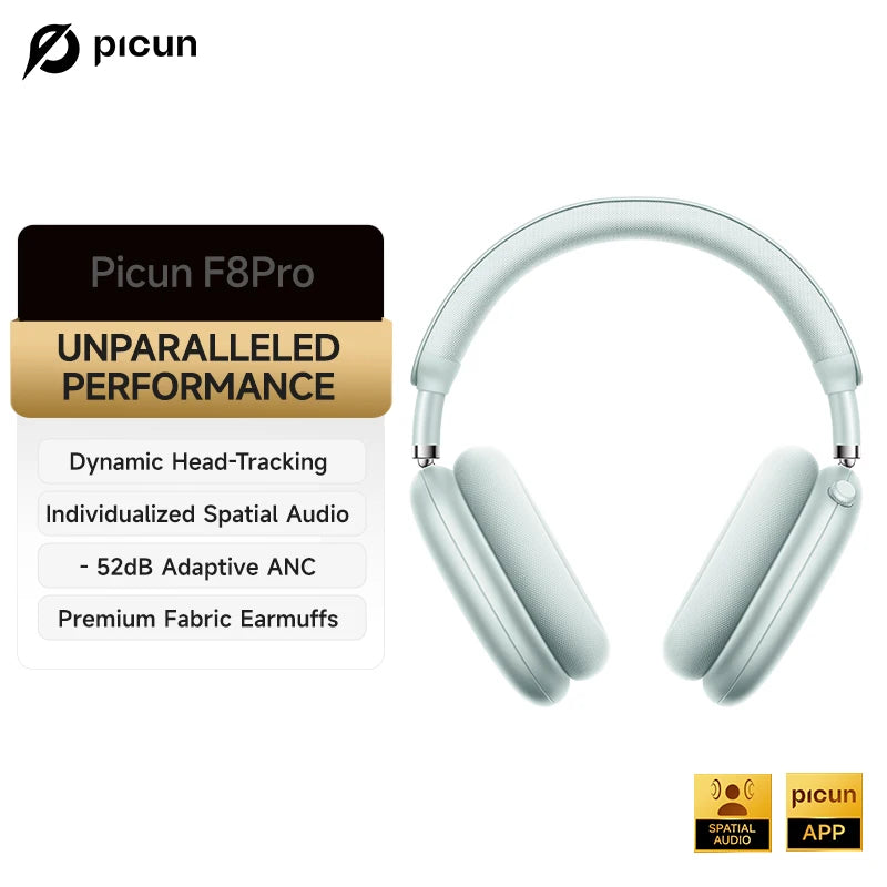 Picun F8 Pro ANC Wireless Headphones with 3D Spatial Audio, Bluetooth 5.4 Head Tracking, -52dB Noise Cancelling, HiFi Gaming Headset