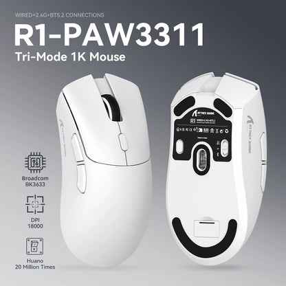 ATTACK SHARK R1 Tri-Mode Gaming Mouse, 18,000 DPI PixArt PAW3311 Wireless Gaming Mouse, 59g Ultralight Gaming Mouse for PC, Mac & Laptop