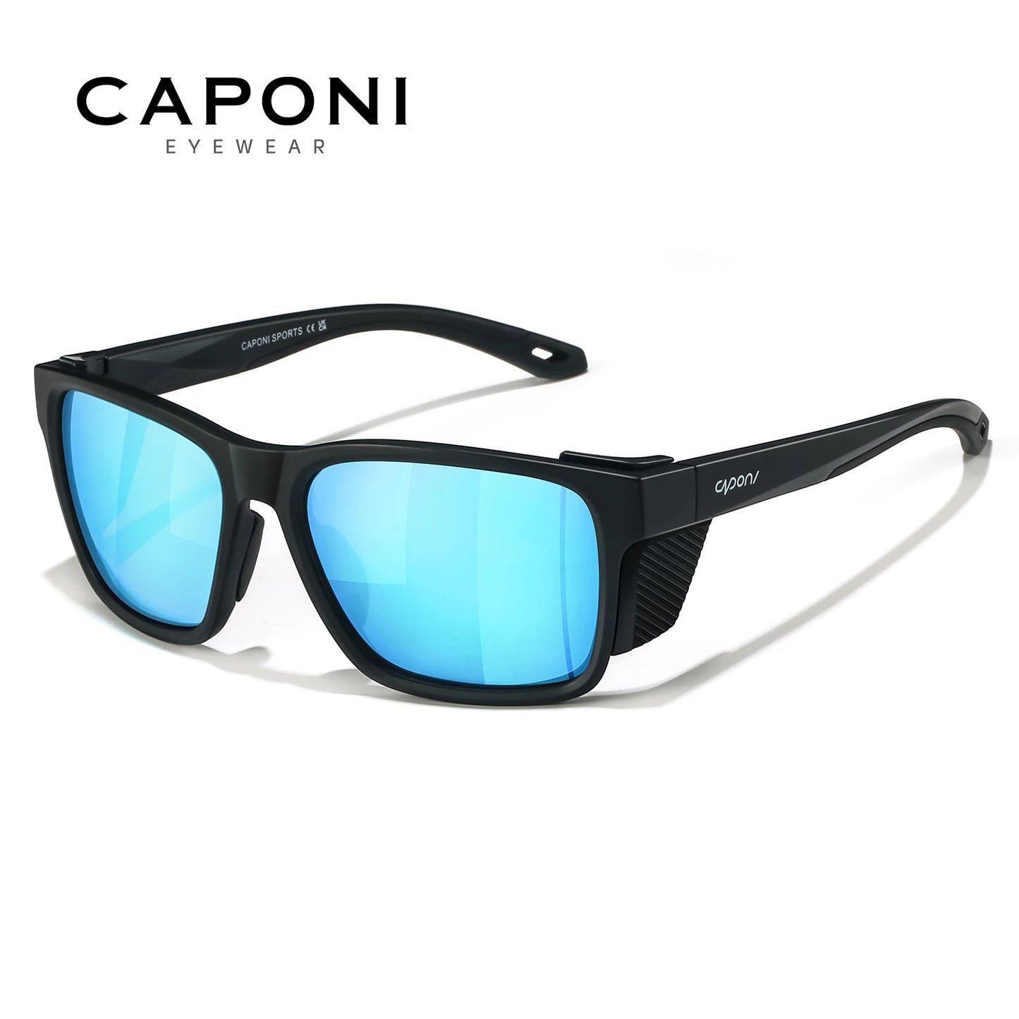 CAPONI Polarized Men Sunglasses Outdoor Sport Fishing Sun Glasses Square Anti-Oil and Water Blue HD Lenses Black Shades CP36505