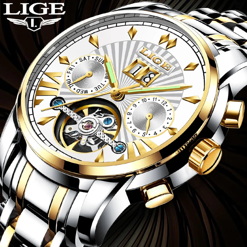 Montres-bracelets mécaniques automatiques pour hommes LIGE – Montre de luxe haut de gamme avec tourbillon, modèle élégant et étanche, idéal pour le travail ou les occasions formelles.