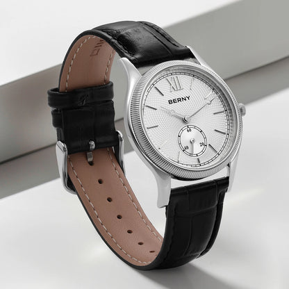 BERNY Men's Watches Slim Luxury Classic Stylish Dress Quartz Watch Fashion Elegance Leather Band Wristwatch