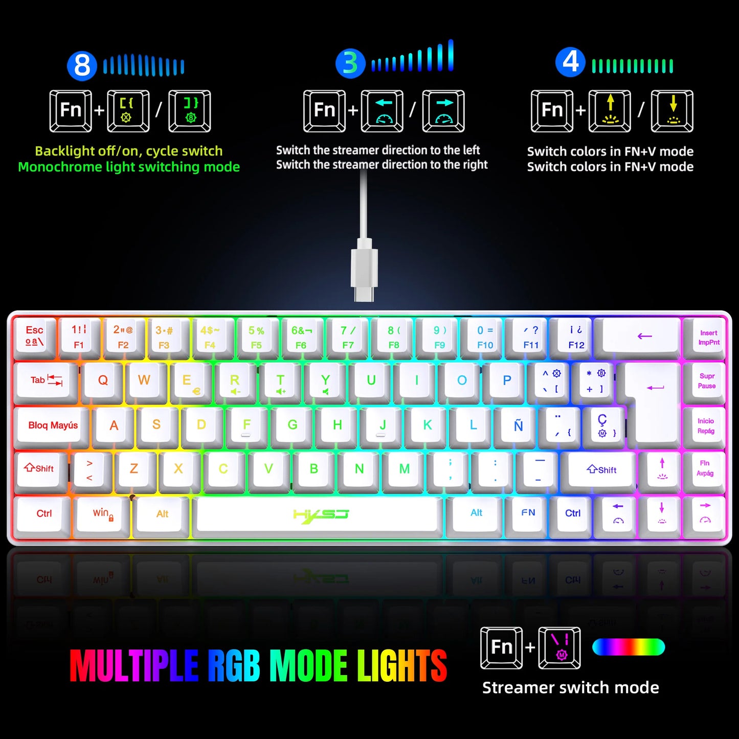 Promoção imperdível! Teclado gaming com fios espanhol de 69 teclas, retroiluminação RGB e design compacto 68%, um acessório indispensável para profissionais de escritório e gamers