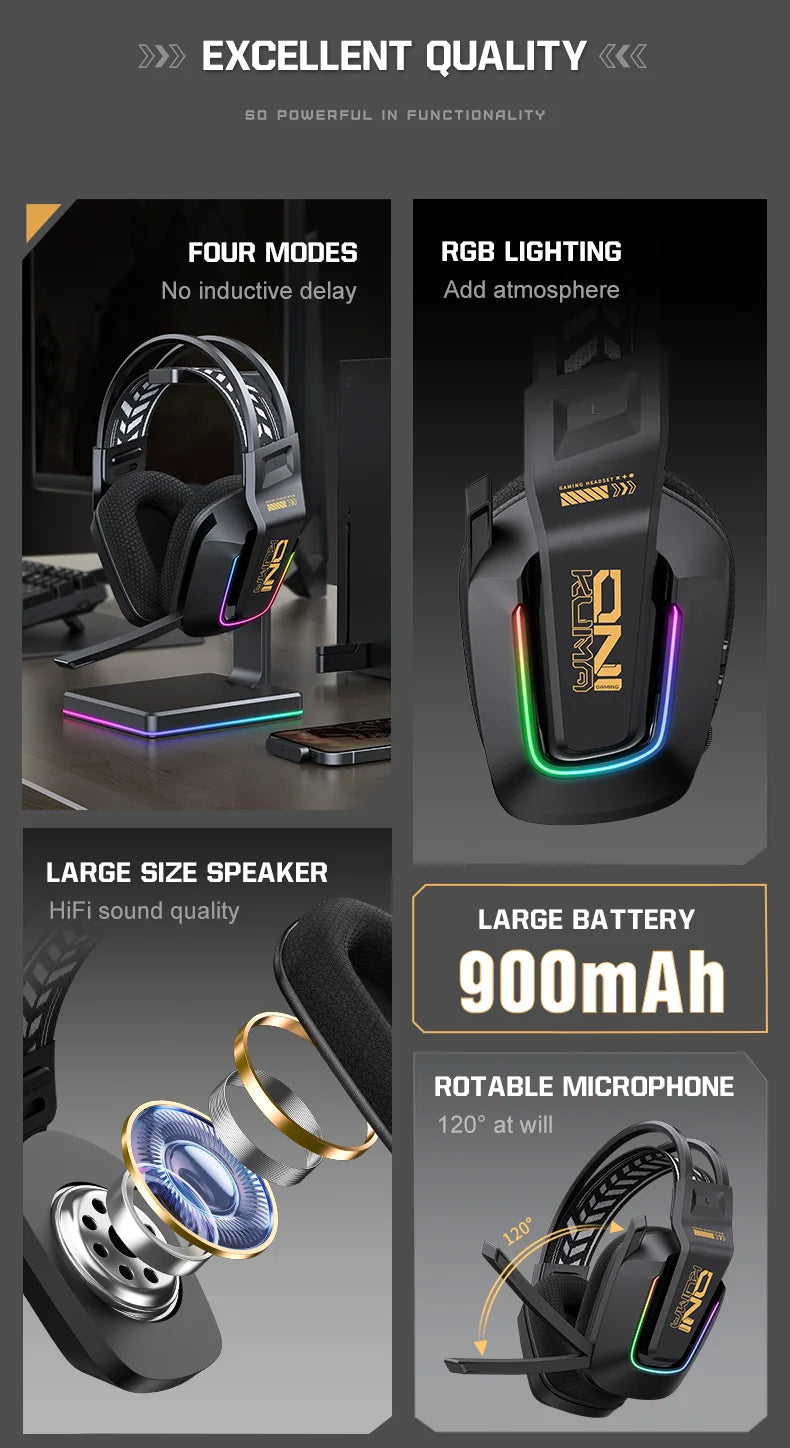 Auscultadores Gaming Sem Fios ONIKUMA GT828 Bluetooth 5.3 RGB com Microfone, Cancelamento de Ruído e Ligação em 4 Modos para PC, PS5 e Portátil