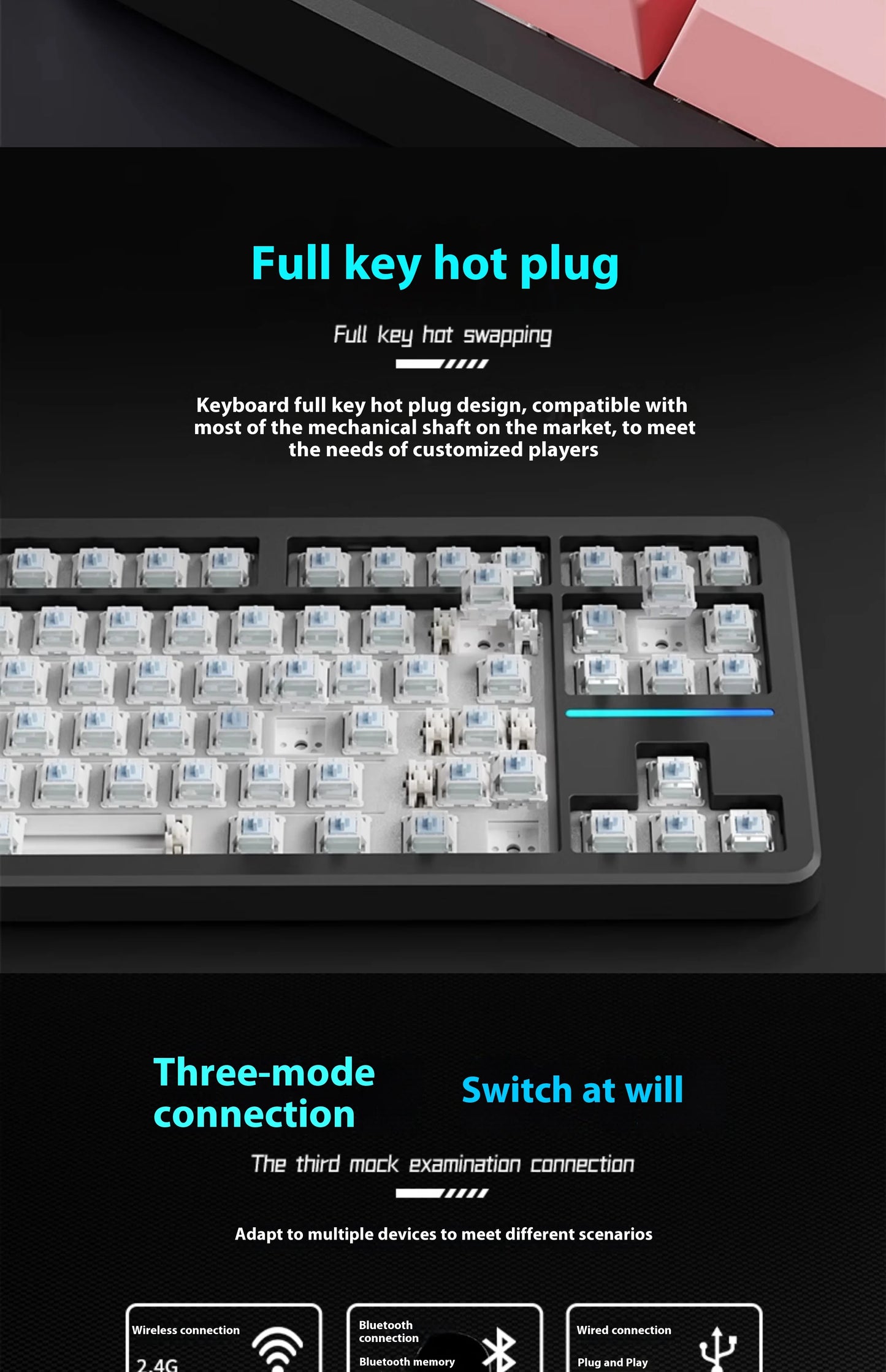 EWEADN X87 Pro Ergonomics Keyboard Mechanical Kids Side Engraving Wireless Bluetooth Triple Gaming 2.4G RGB 87 Layout Customized