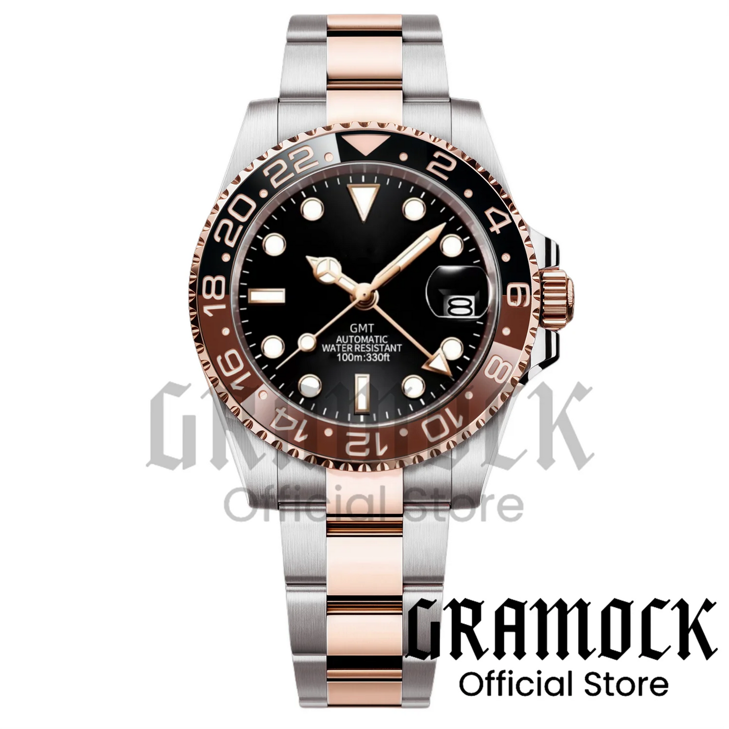 Gramock Rose Gold 40MM GMT NH34A Mechanical Watches Date Sapphire Crystal 100M Diving Rotating Bezel Men's Automatic Wristwatch