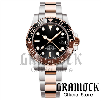 Gramock Rose Gold 40MM GMT NH34A Mechanical Watches Date Sapphire Crystal 100M Diving Rotating Bezel Men's Automatic Wristwatch
