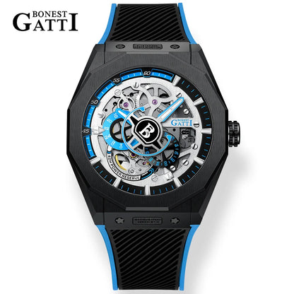 BONEST GATTI BG7601 Men's Automatic Mechanical Watch Sapphire Crystal Waterproof Luminous Rubber Strap Wristwatch
