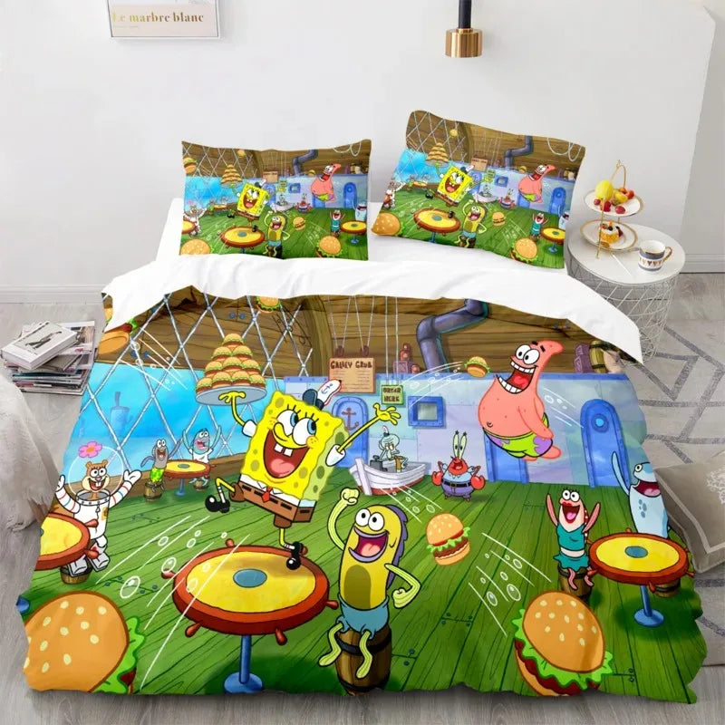 Cartoon Anime SpongeBobed Bedding Set 3D Printed Patricks Squidwards Quilt Duvet Cover Pillowcase Bed Set Full Queen King Size