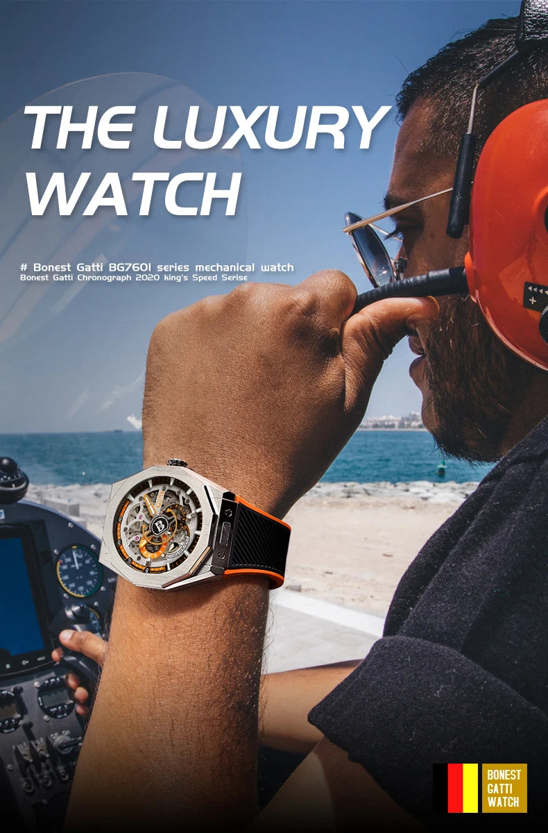 BONEST GATTI BG7601 Men's Automatic Mechanical Watch Sapphire Crystal Waterproof Luminous Rubber Strap Wristwatch