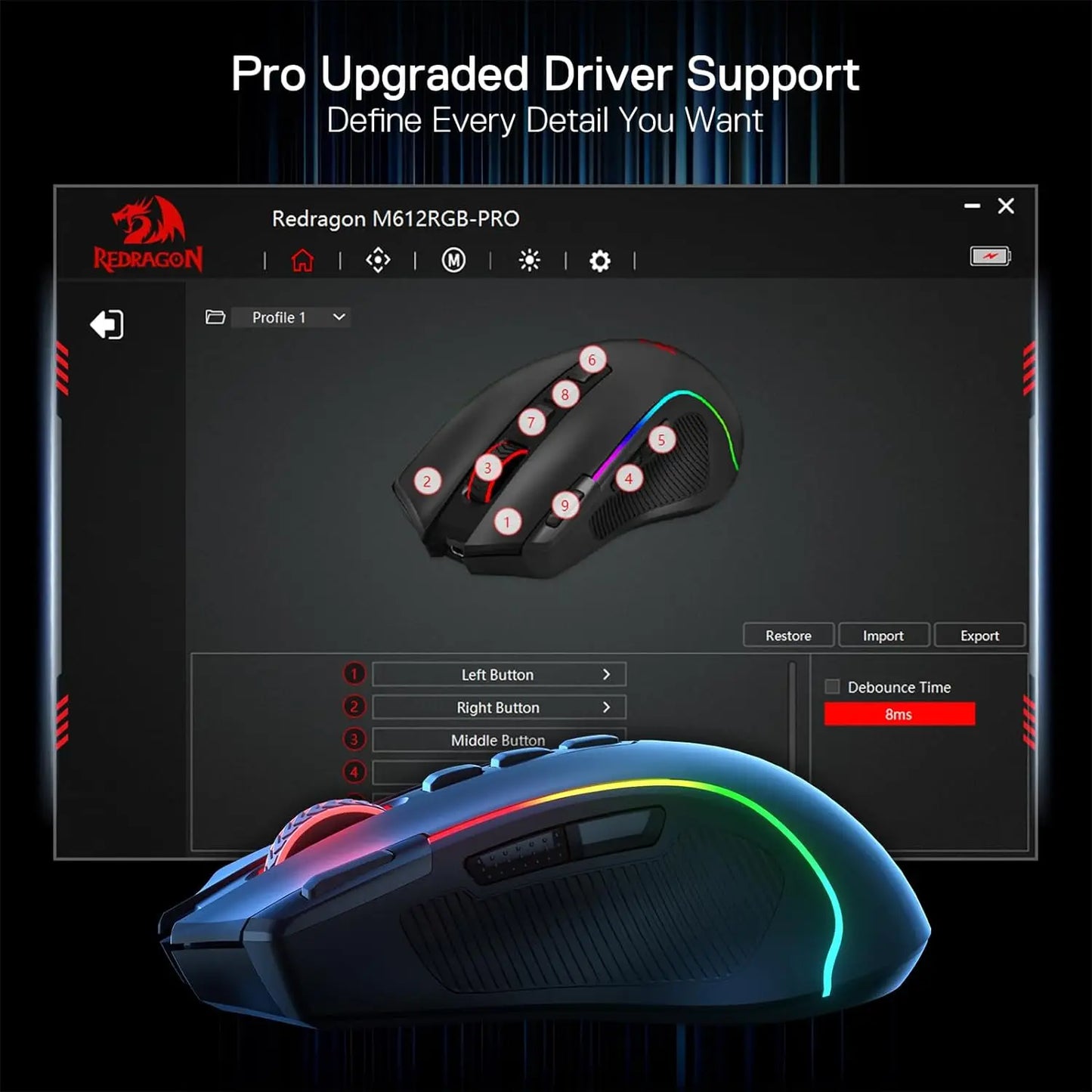 Mouse gaming Redragon M612 PRO BT & 2.4RGB, 8000 DPI, ottico cablato/wireless, 11 pulsanti programmabili e 6 modalità retroilluminate