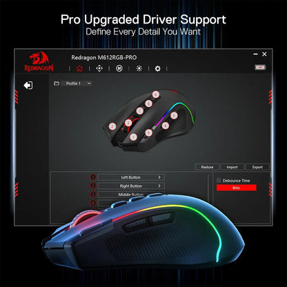 Mouse gaming Redragon M612 PRO BT & 2.4RGB, 8000 DPI, ottico cablato/wireless, 11 pulsanti programmabili e 6 modalità retroilluminate