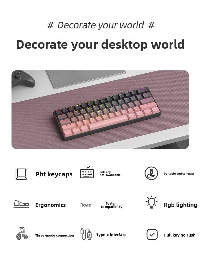 Wireless Gaming Mechanical Keyboard 60% RGB Bluetooth Keyboard, Triple Mode Wireless Mechanical Keyboard with 61 Keys, Compact RGB Gaming Keyboard for PC, Laptop & Tablet