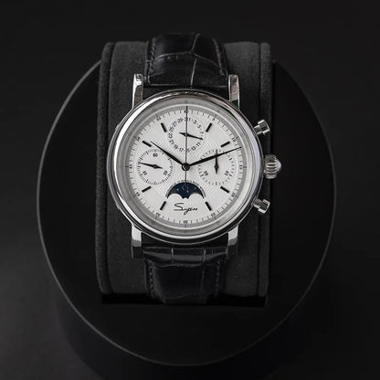 Sugess Men Watch ST1908 Swanneck Movement Mechanical Chronograph Wristwatch Genuine Moonphase Calendar Vintage Leather NEW 2023