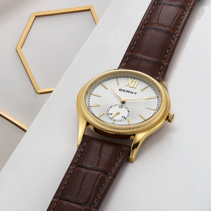 BERNY Luxury Watches for Men Classic Elegance Slim Dress Gold Quartz Men's Watch Leather Strap Fashion Business Wristwatch