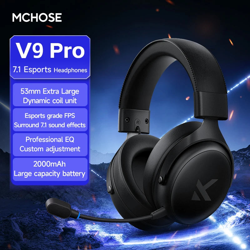 MCHOSE V9 Pro Gaming Headset Wireless Bluetooth Over-Ear Quad Mode Headphones with Microphone for PC Gaming Deep Bass ANC