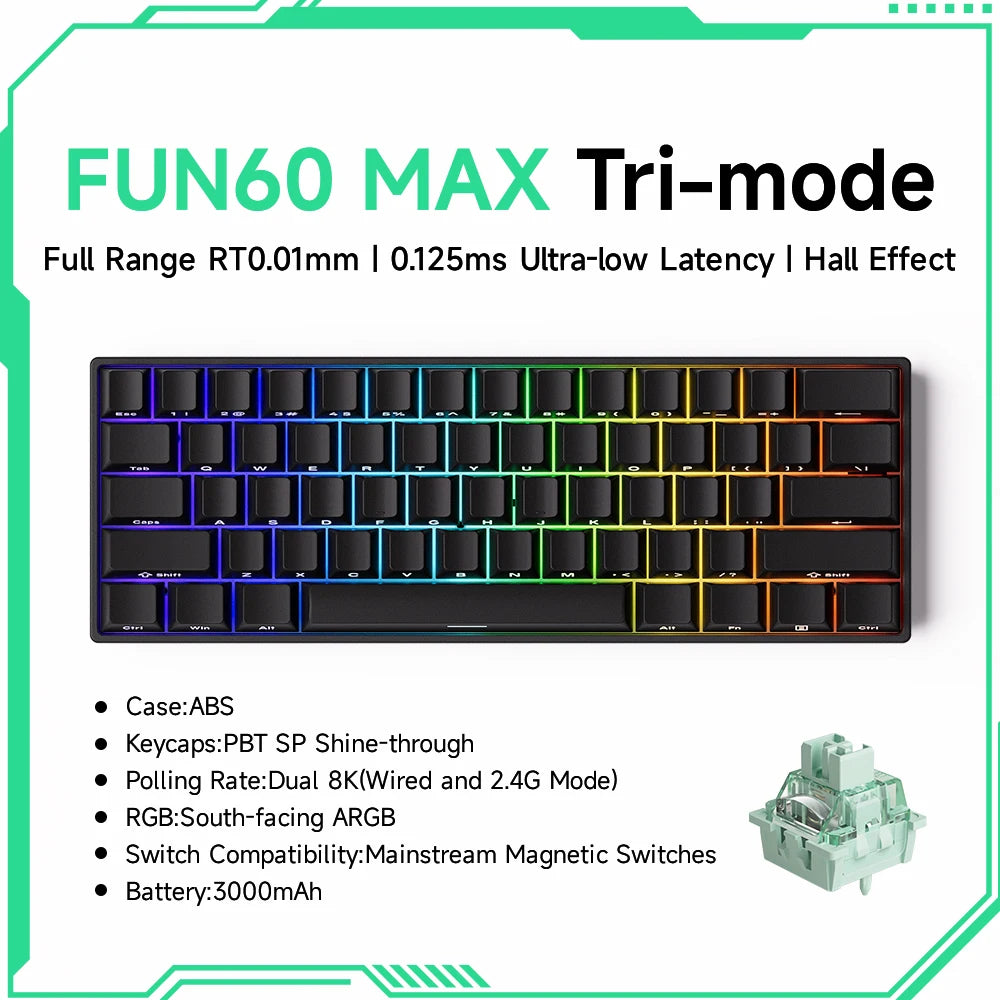 MONSGEEK FUN60 PRO&MAX HE Teclado mecânico 60% sem fios para gaming com switches magnéticos, Rapid Trigger 8K, ARGB e personalização
