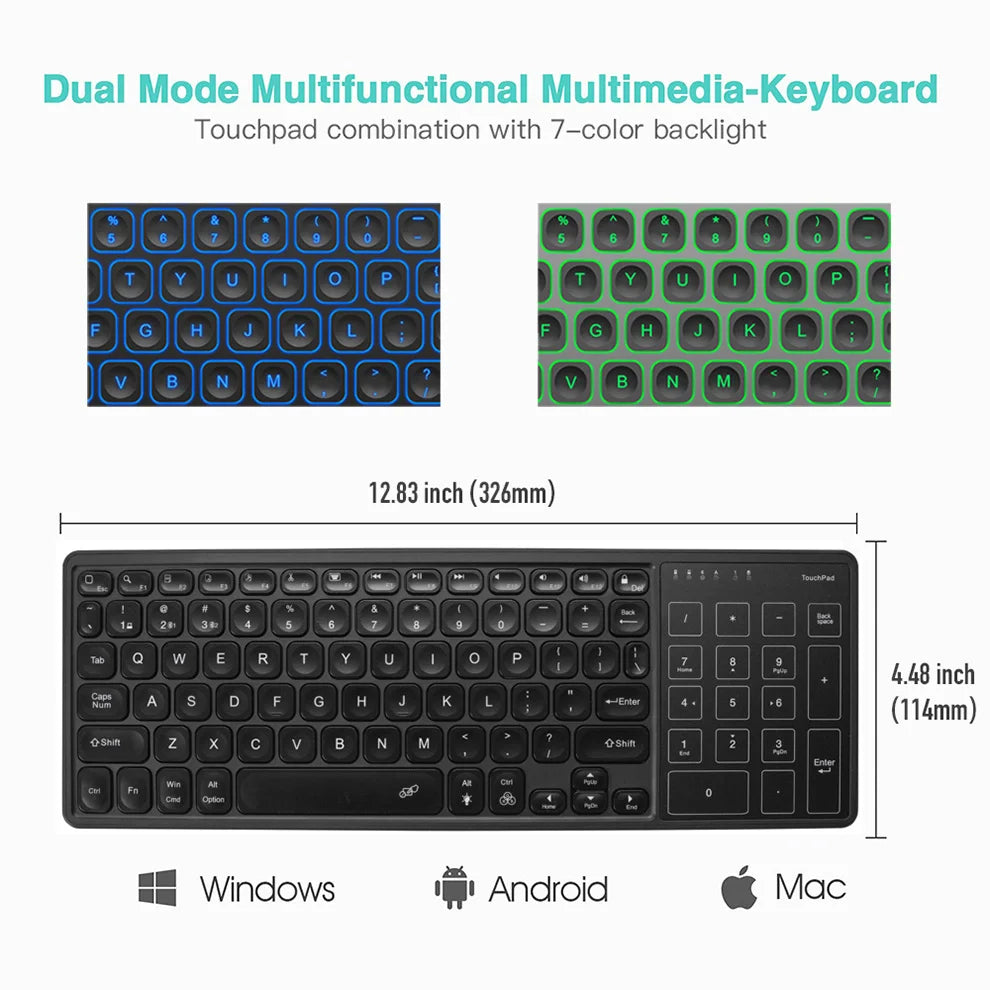 Backlit 7-Colors Bluetooth Keyboard with Touchpad 2.4G Wireless Multimedia Rechargable Keyboard for Laptop PC Tablet