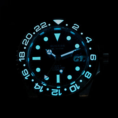 Sugess GMT Diving Watch of Men Automatic Mechanical Waterproof Wristwatches Peacock SL3032 Movement Ceramic Bezel Jubille Band