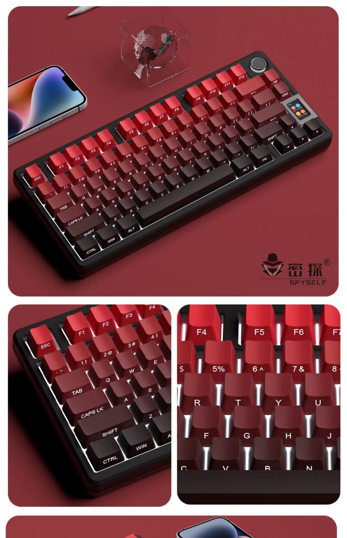 Novas Keycaps para Teclado Mecânico Gaming 60/64/84/98/108 com Switch MX, 135 Teclas OEM PBT, Gravação Lateral, Gradiente Vermelho e Preto