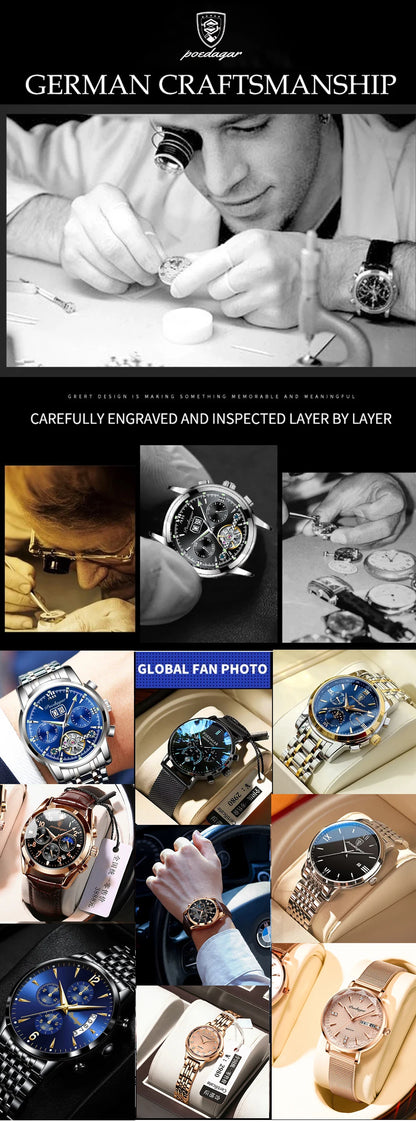 POEDAGAR High Quality Original Men Clock Waterproof Luminous Date Luxury Man Watch Stainless Steel Quartz Men's Watches Male+Box