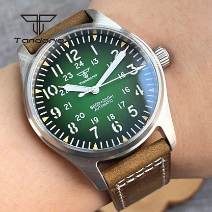 Tandorio 39mm Pilot Men's Diving Automatic Watch AR Sapphire Miyota8215/PT5000 Movt Mechanical Steel Wristwatch 20BAR Green Lume