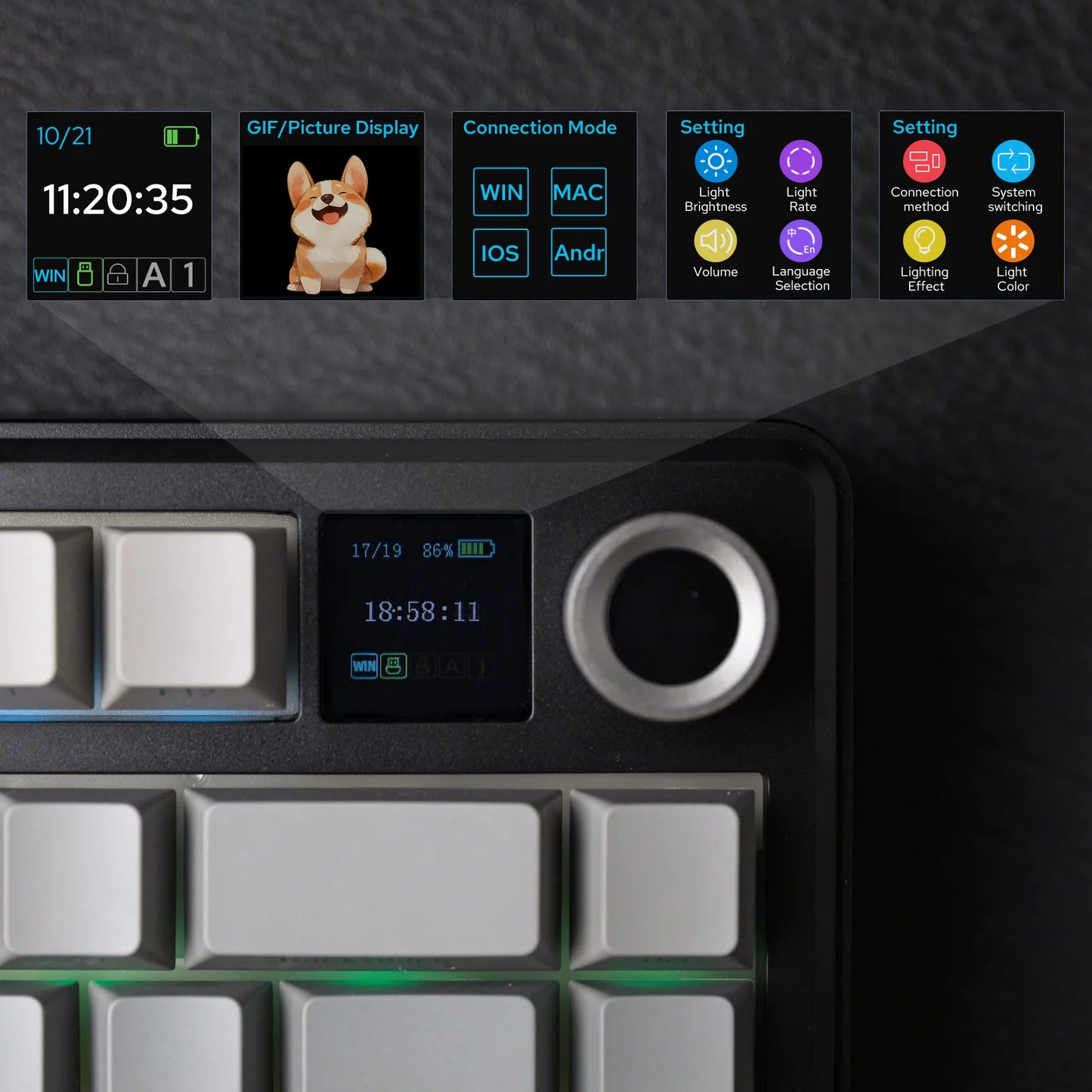 Teclado mecânico sem fios EPOMAKER X AULA F75 MAX Compact 75% ANSI Layout com ligação com fios/Bluetooth/2.4GHz, ecrã TFT e botão rotativo