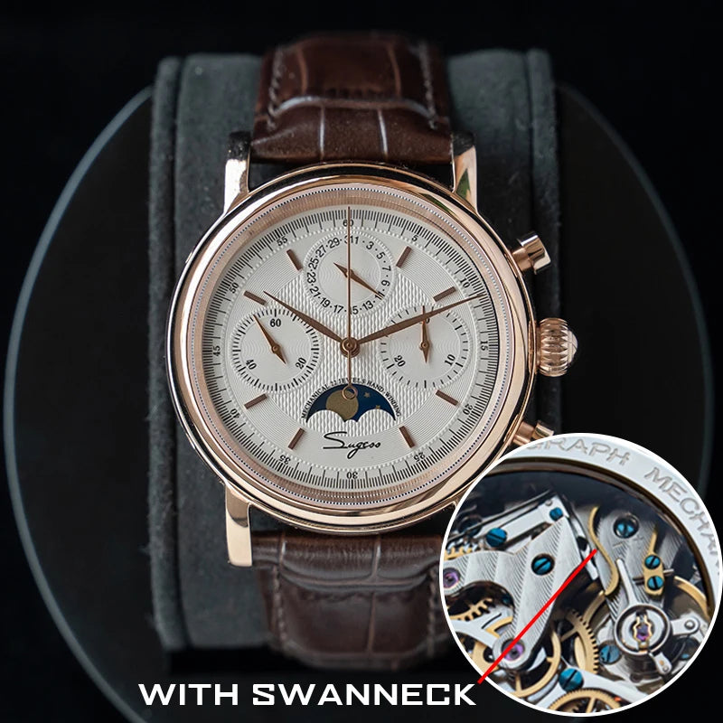 Sugess Men Watch ST1908 Swanneck Movement Mechanical Chronograph Wristwatch Genuine Moonphase Calendar Vintage Leather NEW 2023
