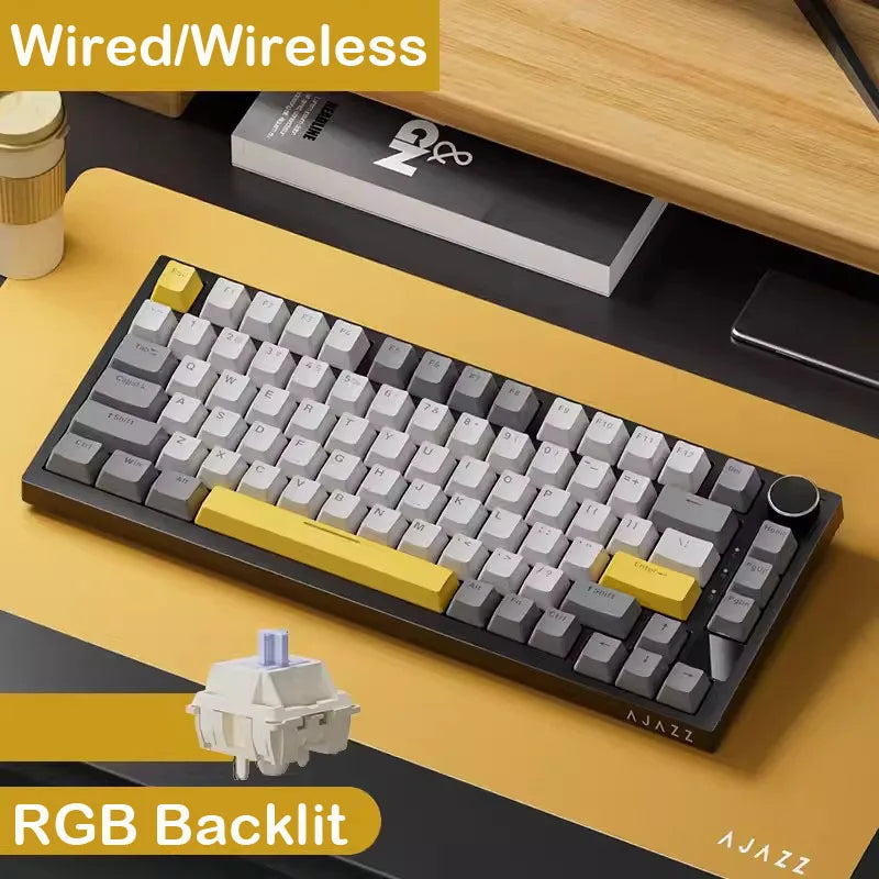 Teclado mecânico gaming AJAZZ AK820 Pro com fios e sem fios, tri-modo, retroiluminação RGB, switches hot-swappable, layout compacto 70%, PC/Mac