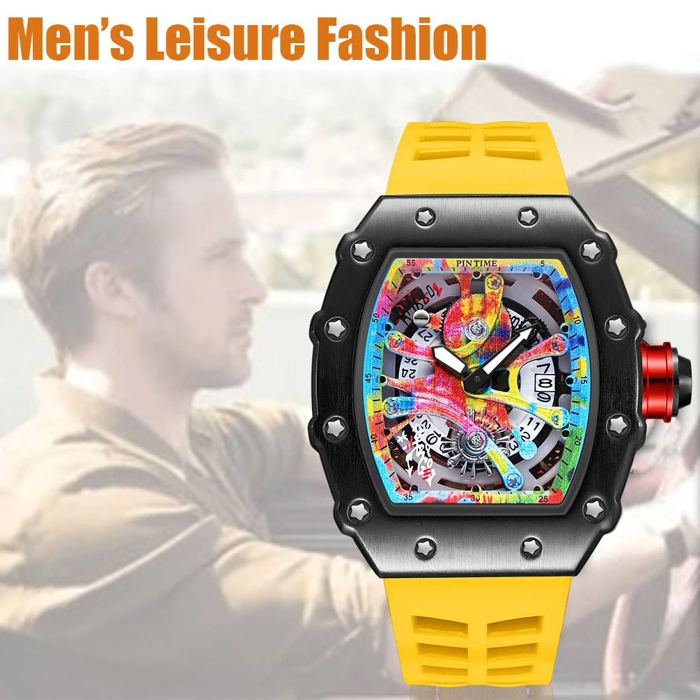 Luxury Men Watch Tonneau Fashion Men Quartz Watches Classic Graffiti Dial Auto Date Waterproof Sport Wristwatches Clock reloj